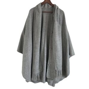ALPACA Wool Cape Shawl Bohemian Wrap Poncho Attached Scarf Gray Made in Peru OS